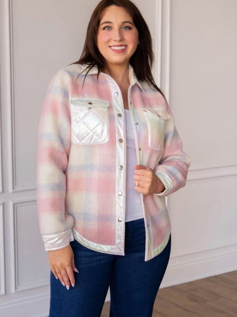 Pastel Pink Plaid Teddy Shacket with Quilted Trim